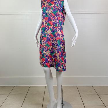 1950s Floral Quilted Polyester House Dress / Large 