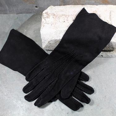Vintage Black Hand Stitched Suede Gloves - Driving Gloves - Black Leather Slim Fit Gloves - Small Size | FREE SHIPPING 
