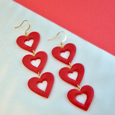 Stacked Red Hearts Dangle Earrings, Valentine&#39;s Day Gift for Her, Handmade, Lightweight by ClayJewelsByJules