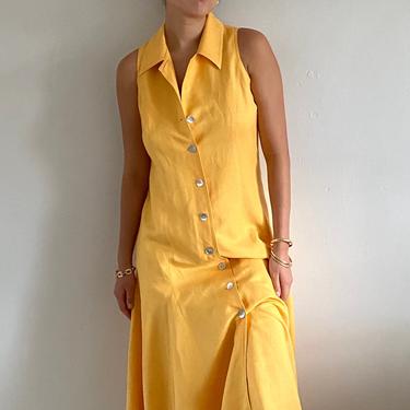 90s linen shirt dress / vintage marigold yellow woven linen button front sleeveless collared gored swing shirt dress | M 