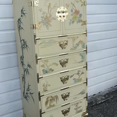Oriental Painted Tall Narrow Vintage Lingerie Jewelry Chest 1629
