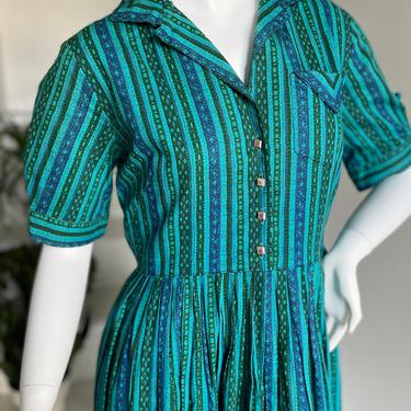 1950s Cover Girl Label Fab Blue Print Shirt Dress 38 Bust Vintage Summer 