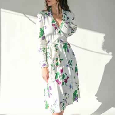 Vintage 80s Diane Von Furstenburg White French Cuff Long Sleeve Wrap Dress w/ Purple Floral Print | 100% Cotton | 1980s DVF Designer Dress 
