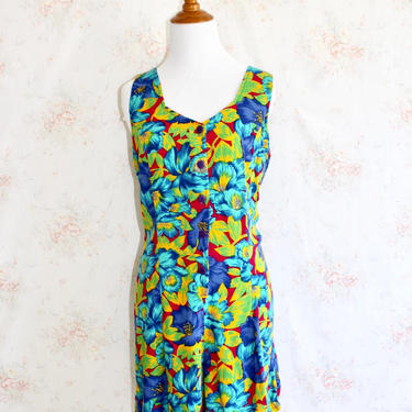 Vintage 90s Hawaiian Romper, 1990s Flower Print Jumpsuit, Tropical, Beach, Resort, Dress, Sleeveless, Mini 