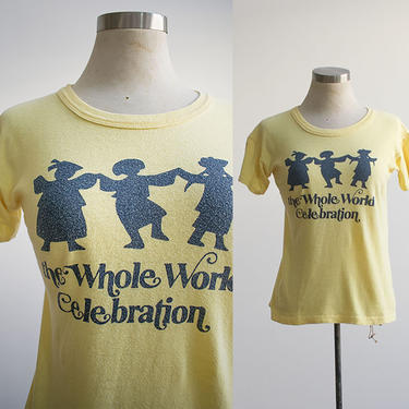 Vintage 1970s Tshirt / 1970s Tee / Vintage Whole World Celebration Tshirt / Vintage Yellow Ribbed Tshirt / Ribbed Vintage Tee / Hippie Tee 