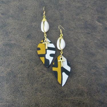 African print earrings, Ankara earrings, wood earrings, bold statement earrings, Afrocentric earrings, yellow batik earrings, cowrie shell 