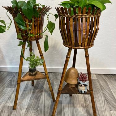 Indoor Antique planters Tiger Bamboo Tripod Plant Stand Tortoise Shell Burnished Rattan 