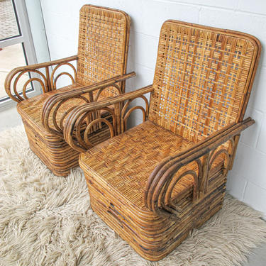 Vintage Antique Bohemian Bamboo Woven Chairs with Rattan Back and Seats (Sold Separately) 