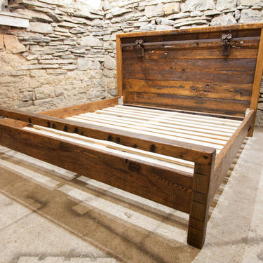 Forgotten Summer Bed Frame from Reclaimed Oak and Vintage Barn Door Hardware 