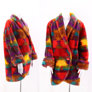 90s Southwest Print Plush Faux Fur Coat / vintage fake fur western coat jacket S-L 