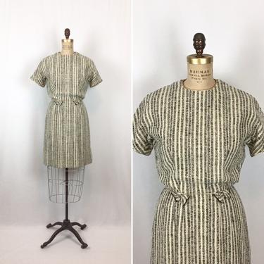 Vintage 60s dress | Vintage black ivory woven sheath dress | 1960s Jamison wool striped dress 