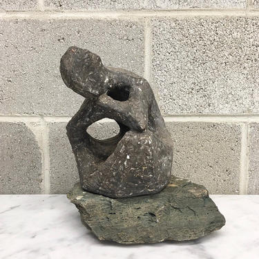 Vintage Statue Retro 1980s The Thinker + Stone Carving + Solid Rock + Abstract + Geometric Figure + Modern + Indoor and Outdoor Decor 