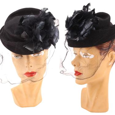 40s New York CREATIONS black feather tilt hat / vintage 1940s Roberta Bernays mini cocktail fascinator w/ veil 1930s 