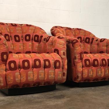 Mid Century Button Tufted Barrel Lounge Chair Pair ~ Colorful Fabric 