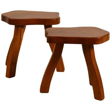 Pair of Polished Walnut Tripod Stools in the Style of Charlotte Perriand