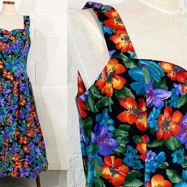 Vintage Hibiscus Sundress Floral Dress Sleeveless 1980s 80s Boho Sweetheart Neckline Drop Waist Summer Jewel Tone Cottagecore Medium Large 