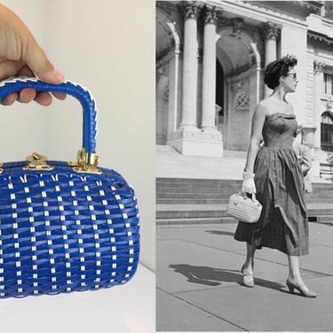 Washington Square Afternoons - Vintage 1960s Blue White Vinyl Wicker Handbag Purse 