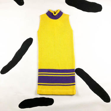 1960s Purple and Yellow Knit Sweater Dress / Tank Dress / Turtleneck / Striped / Bright / Mod / Medium / Shift / Bright / Psychedelic / M 