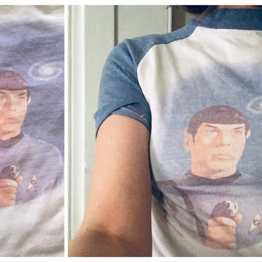 original 1976 STAR TREK tshirt, 70s Star Trek shirt, Leonard Nemoy tahirt, Spock tshirt vintage Star Trek tshirt, heather blue ringer tee 