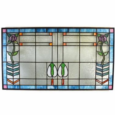 Antique Art Nouveau Art Deco Stained Glass Windows Vertical Stylized Flowers 