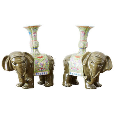 Pair of Chinese Jade Colored Porcelain Elephant Candlesticks by ErinLaneEstate