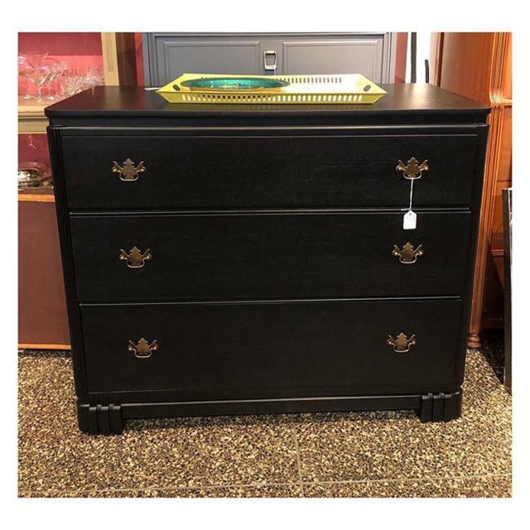 Black painted 3-drawers chest 42”4 w x 20” d x 35” h