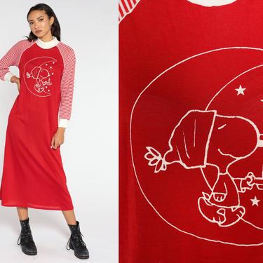 Snoopy Pajama Dress -- 80s Winter Nightie Sleep Dress Peanuts Midi Cartoon Vintage Red Long Sleeve Xmas Small Medium 
