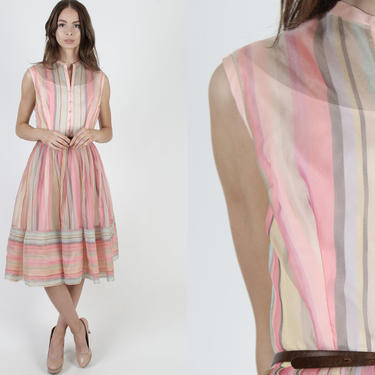 Pastel Rainbow Striped Dress / Vintage 50s Rockabilly Easter Pink Dress / Retro Cupcake Full Skirt Mini Midi Dress 