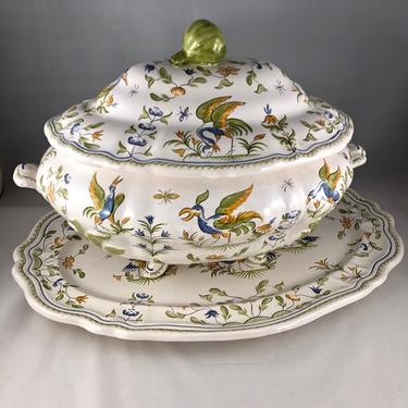Vintage French Ceramic Faience Tureen (lid, tureen, platter) , R. V. Moustiers, Olerys, Pheasant/Peacock 