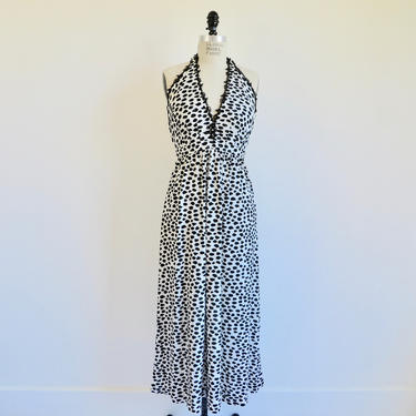 CLEARANCE Vintage 1970's Black and White Leopard Cheetah Print Halter Neck Jersey Knit Long Maxi Dress Disco Era Leo Narducci X Small Small 