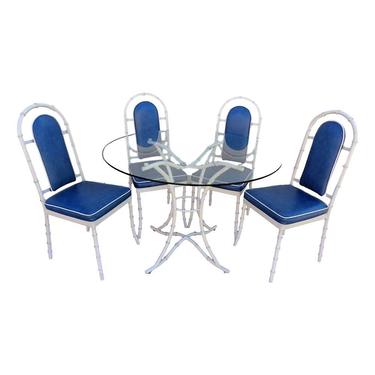 Hollywood Regency Faux Bamboo Cast Aluminum Dining Set with Four Chairs and Pedestal Table by Kessler 