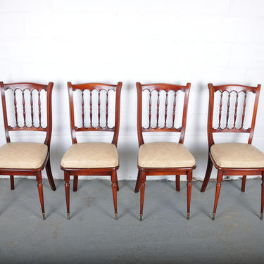 Vintage Set of 4 French Maple Dining Chairs W/ Beige Leather Seats 