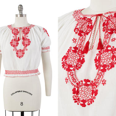 Vintage 1950s Blouse | 50s 60s Floral Embroidered Sheer Cropped White Red Peasant Top (small/medium) 