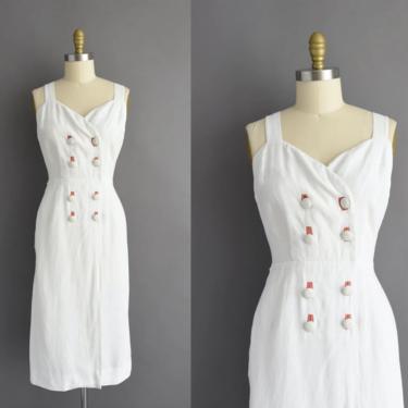 1950s vintage dress | Adorable White Linen Summer Cocktail Party Pencil Skirt Dress | Large | 50s dress 