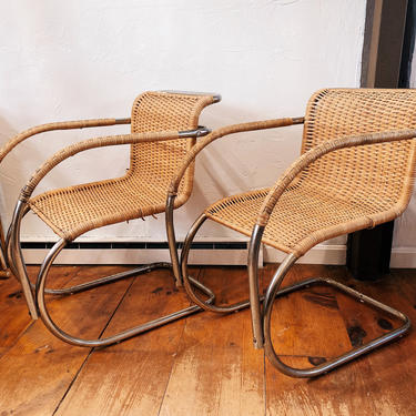 Vintage Ludwig Mies Van Der Rohe Style Arm Chairs, Cantilever Chair, Rattan Chrome Chairs, Thonet, listing is for the PAIR 