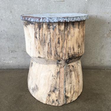 Wood Drum Side Table with Galvanized Top