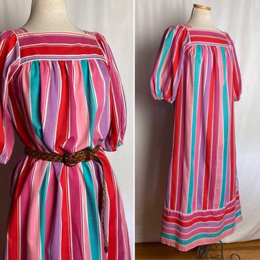 70’s house dress~ long boho tunic colorful wide stripes~ puffy sleeves~ casual lounge frock with pockets~ size Medium 