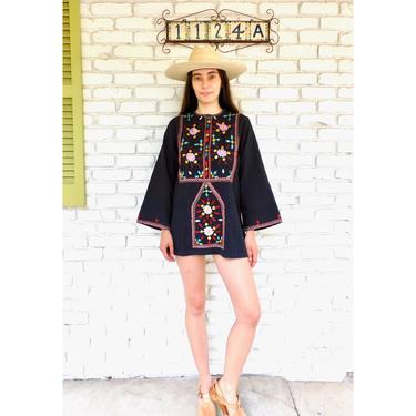 Indian Hand Embroidered Tunic // vintage 70s embroidered black dress blouse boho hippie hippy 1970s woven cotton mini // S/M 