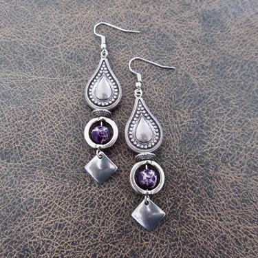 Purple and silver earrings, long dangle earrings, boho chic tribal earrings, modern bohemian earrings, ethnic gypsy earrings, hippie 
