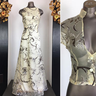 1990s formal dress, vintage 90s dress, 2 piece set, dress and blouse, size small, cage back dress, yellow and brown floral, 1990s maxi dress 