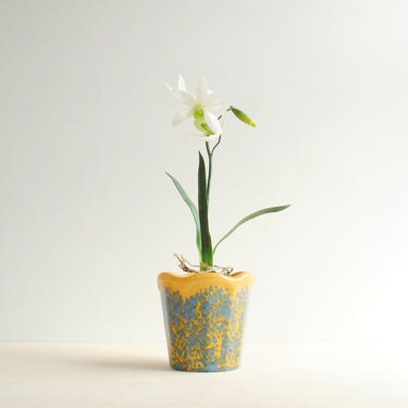 Vintage Ceramic Plant Pot in Mustard Yellow and Blue, Indoor Planter Pot, Pottery Planter, Small Plant Pot 