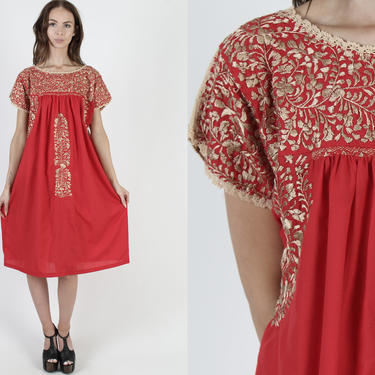 Vintage Red Oaxacan Dress Mexican Fiesta Wedding Dress Gold Floral Quinceanera Embroidered Made In Mexico Mini Midi Dress 
