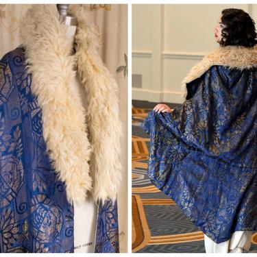 1920s Cape - The Debussy Cape - Dramatic Vintage 20s Woven Royal Blue and Gold Lamé Asymmetric Cape with Shearling Collar 