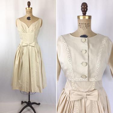 Vintage 50s dress | Vintage beige lace cotton two piece dress | 1950s fit and flare with bolero jacket party dress 
