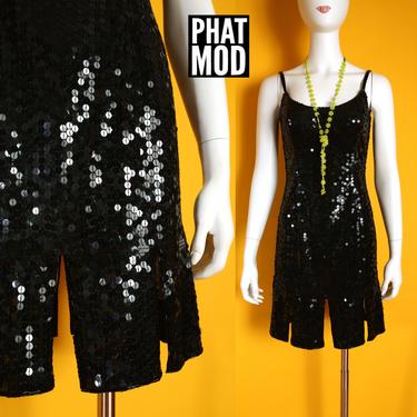 Sassy Vintage 80s 90s Black Sequin Flapper Style Mini Dress 
