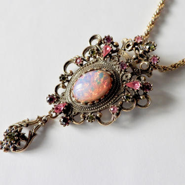 Pink and Smoke Rhinestone Art Glass Sarah Coventry Pendant / Brooch on Chain 