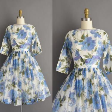 1950s vintage dress | Gorgeous Bold Blue Floral Print Full Skirt Bridesmaid Wedding Dress | Small | 50s dress 