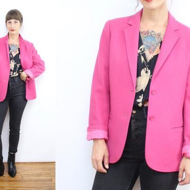 Vintage 80's HOT PINK Wool Blazer / 1980's Lined Blazer with Pockets / Button Front / Women's Size Small Medium 