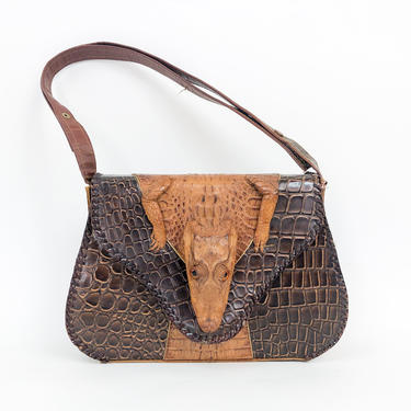 1950s Brown Embossed Alligator Leather Handbag | Tan Whole Alligator Leather Purse 