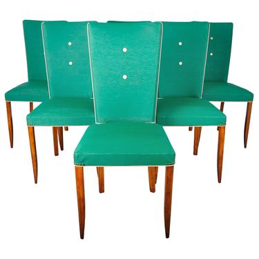 1930's Set of 6 French Art Deco Dining Chairs W/ Turquoise Vinyl Upholstery 